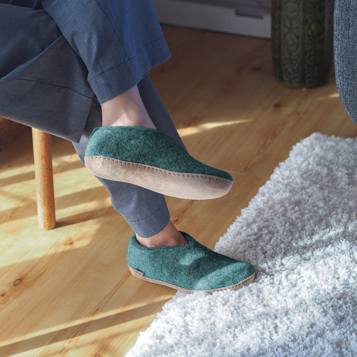 glerups Hausschuhe mit Ledersohle Hausschuhe mit Ledersohle Petrol